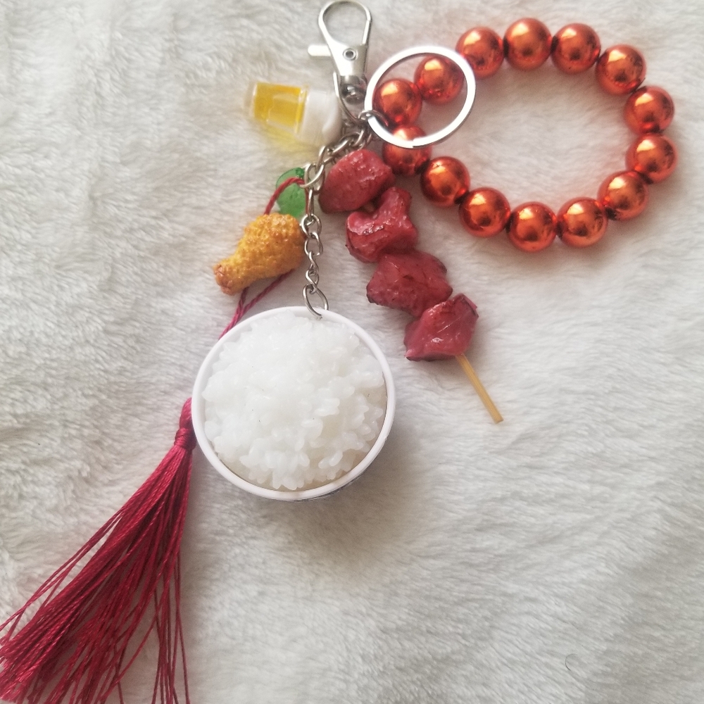 Rice & Beef Keychain with Red Tassel and Beads